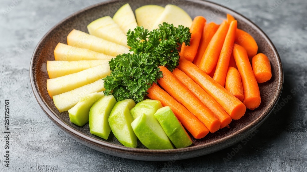 Freshly arranged plate of colorful vegetables and fruits featuring carrots, apples, and parsley at a casual dining setting Freshly arranged plate of colorful vegetables and fruits featuring carrots, apples, and parsley at a casual dining setting