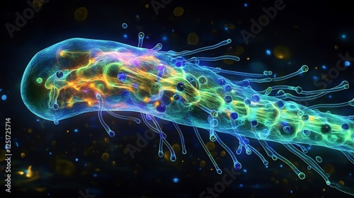 Fluorescent flagella propelling unicellular organism highlighting the molecular machinery driving motion photo