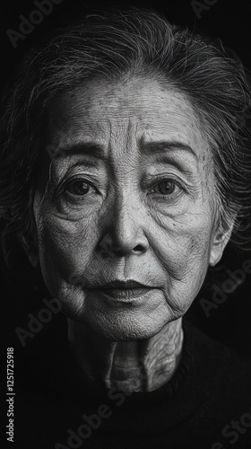 Portrait of an elderly woman showcasing deep wisdom and life experience through distinct facial features and expression in a minimalist black and white style