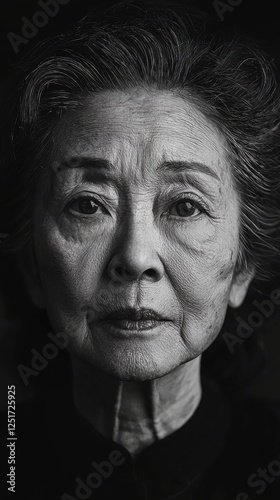 Portrait of an elderly woman showcasing wisdom and life experience in a dramatic black and white setting