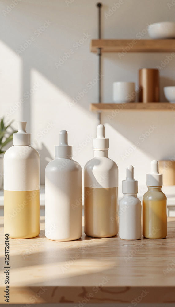 Mockup Set With Bottles displayed on a wooden shelf