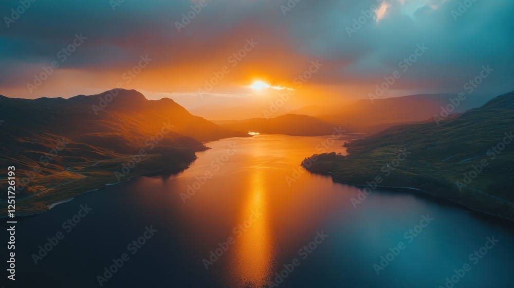 Sunset over mountain lake, aerial view, dramatic clouds, travel poster
