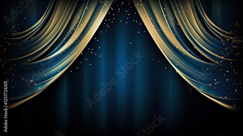 Golden Blue Curtains Open against a Blue Stage