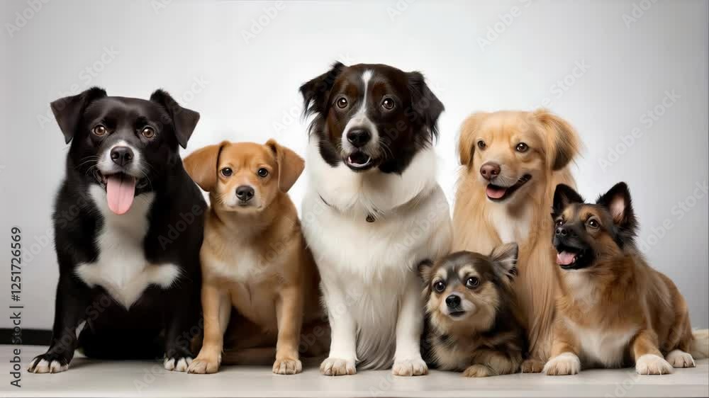 Group of happy dogs sitting and posing together on a white background Group of happy dogs sitting and posing together on a white background