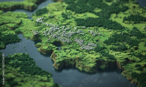Fototapeta Naklejka Na Ścianę i Meble -  Low-poly coastal town, green landscape, aerial view, nature, website background
