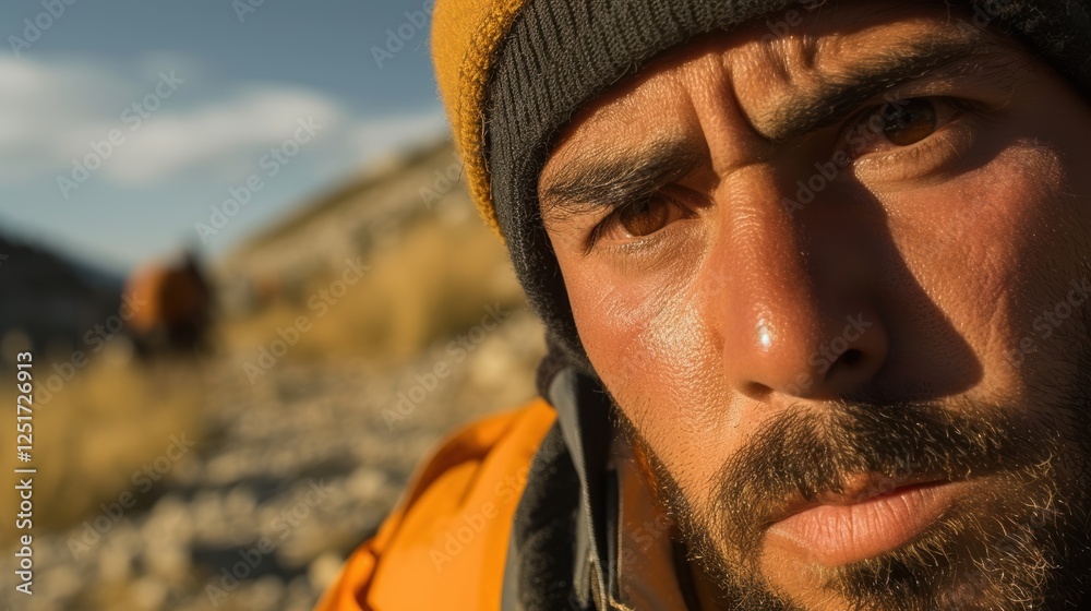 Close up portrait of a man in the mountains Close up portrait of a man in the mountains