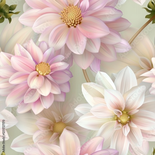 Elegant floral pattern featuring soft pastels and dahlia designs for a sophisticated and refreshing spring vibe, ideal for various digital applications and backgrounds