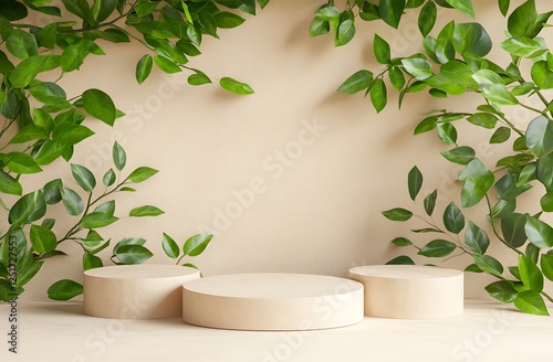 Wallpaper Mural Minimalist round platform with natural green leaves framing a soft beige background creating a serene and organic space for product showcases or presentations Torontodigital.ca