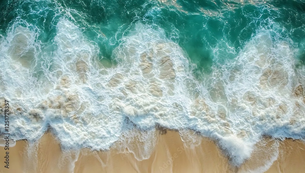 Aerial view of ocean waves crashing onto a sandy beach, showcasing the power and beauty of nature with a vibrant blue and white color palette Aerial view of ocean waves crashing onto a sandy beach, showcasing the power and beauty of nature with a vibrant blue and white color palette