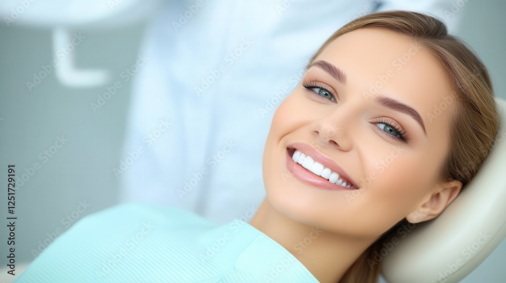 Fototapeta premium young woman smiles lying in the dentist chair at a bright, clean and well iluminated clinic, a doctor in his scrubs