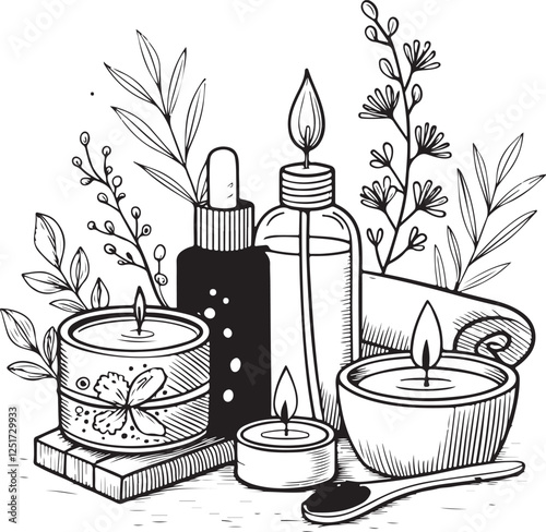 SPA Self-care Essential Oils Candles Pamper Drawing Sketch Black and White Vector Illustration, Isolated, Line Linear Art Engraving