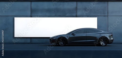 Modern Black Car Parked in Front of Blank Billboard for Advertising