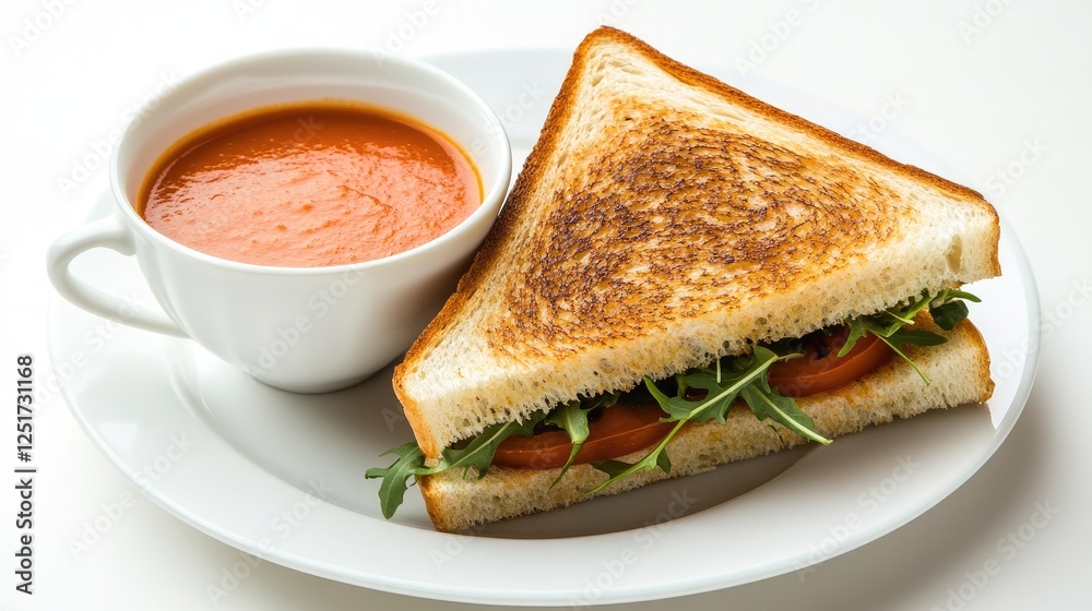 An elegant shot of a toasted sandwich with a side of tomato soup, highlighting the crispy texture of the bread and the hearty filling, with a clean white backdrop. An elegant shot of a toasted sandwich with a side of tomato soup, highlighting the crispy texture of the bread and the hearty filling, with a clean white backdrop.