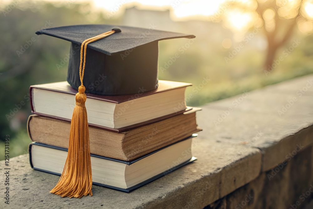 Higher Education, A graduation cap rests atop a stack of books, symbolizing academic achievement and the pursuit of knowledge in a serene outdoor setting.