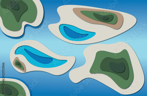 3D Abstract Paper Art Pattern, Sea, Island, Nature, Beautiful, Flyer, Poster, Print, Decoration, Card, Brochure Cover