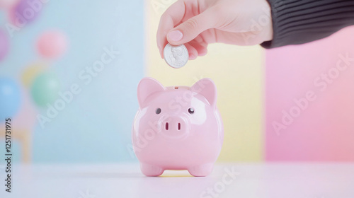Saving money concept with hand dropping coins into pink piggy bank against pastel background photo