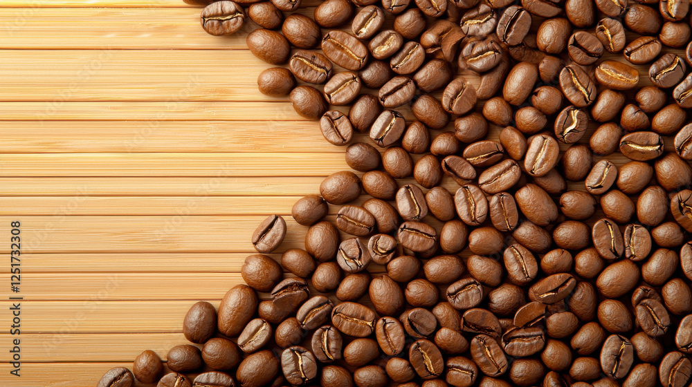 Fototapeta premium Fresh coffee beans scattered on wooden surface create warm atmosphere
