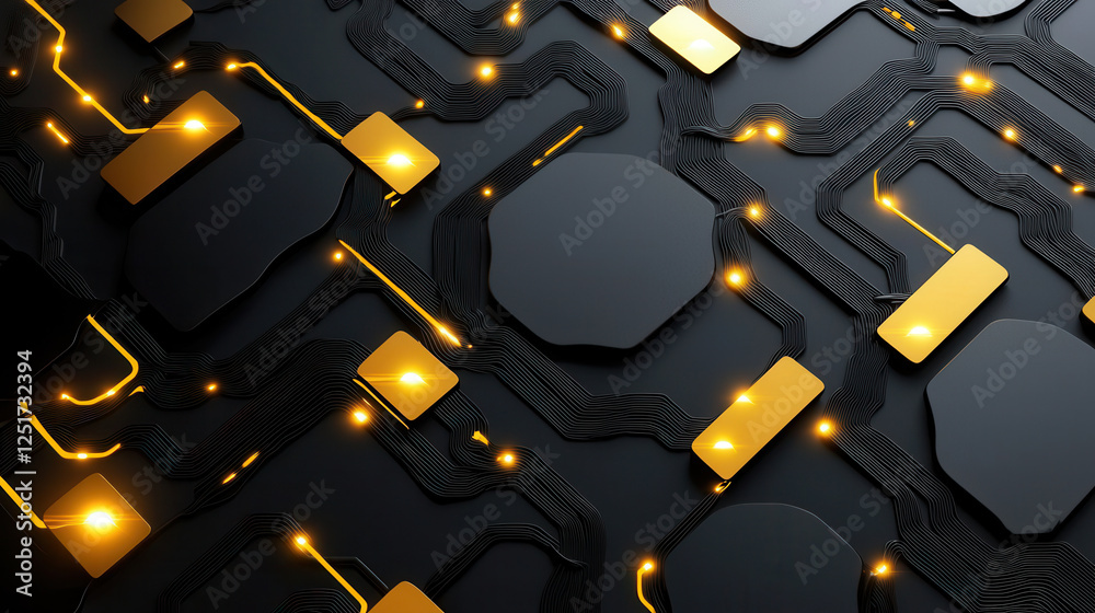 Fototapeta premium Seamless pattern of electrical circuits with glowing elements and dark background