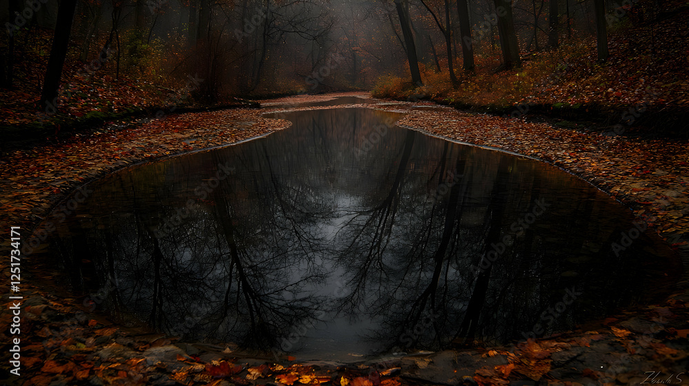 Autumn forest stream reflection, misty woods background, nature photography Autumn forest stream reflection, misty woods background, nature photography