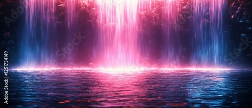 Vibrant Water Fountain Illuminated with Pink and Blue Lights in Dark Environment