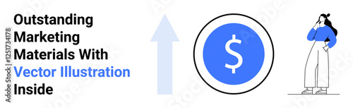 Businesswoman thinking next to dollar sign and upward arrow, symbolizing growth, profit, strategy, and planning. Ideal for marketing, finance, business technology startups investment. Flat landing
