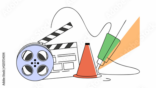 A collection of filmmaking tools, including a film reel, clapperboard, traffic cones, and lighting equipment, are set against a simple backdrop. The lines and colors suggest movement.AI