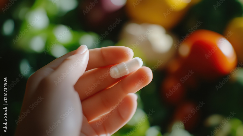 Naklejka premium Close-up of hand holding a softgel capsule in natural light
