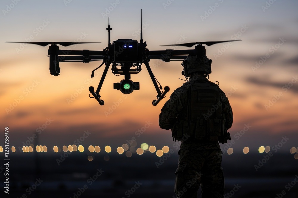Silhouette of soldier operating drone in tactical military environment at sunset Silhouette of soldier operating drone in tactical military environment at sunset