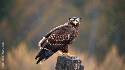 Loop Of Eagle Wearing Glasses Standing On Rock, Sharp Eyesight Concept Video 4K
