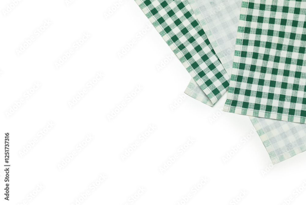 Green checkered tablecloth isolated on white, top view Green checkered tablecloth isolated on white, top view