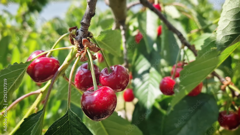 Closeup ripe red cherries on a tree twig. Fresh bio fruits growing in the garden. Organic food concept. Closeup ripe red cherries on a tree twig. Fresh bio fruits growing in the garden. Organic food concept.