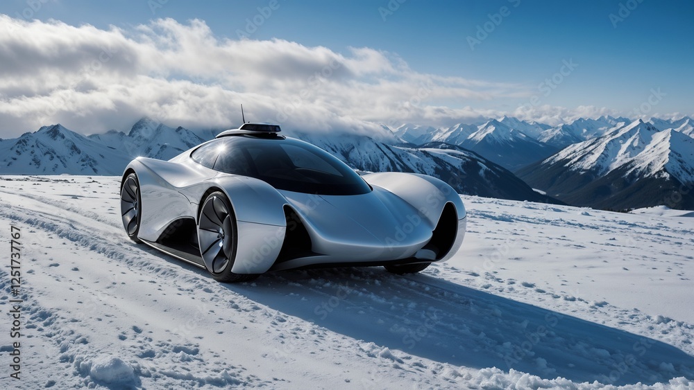Naklejka premium A futuristic, sleek, silver car designed for snowy terrain, with a minimalist and aerodynamic design. The car is set against a backdrop of snow-covered mountains