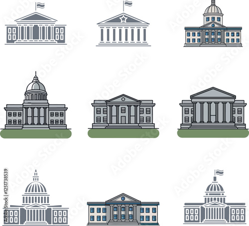 Government Building Icons, set of buildings in different styles