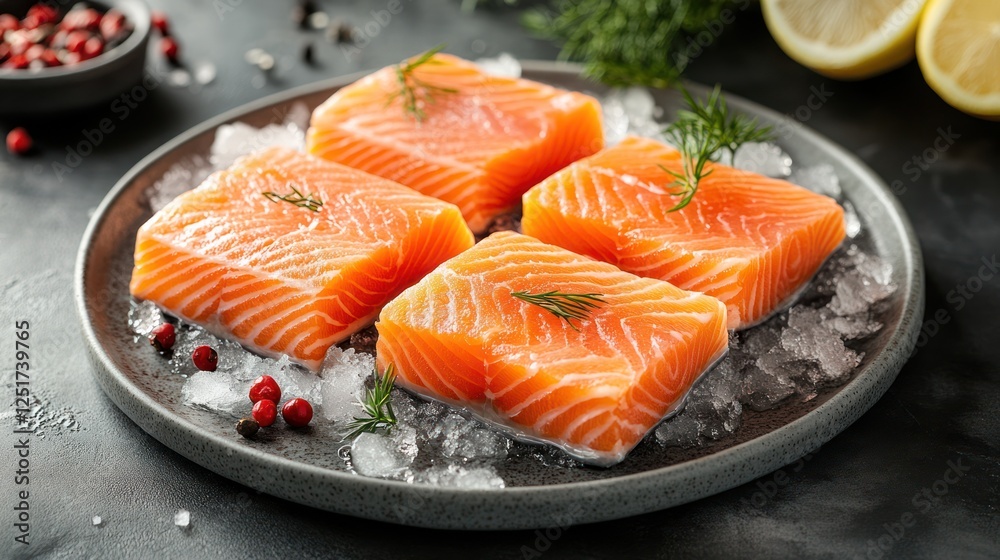 Fresh salmon fillets on ice, kitchen setting, recipe ingredient Fresh salmon fillets on ice, kitchen setting, recipe ingredient