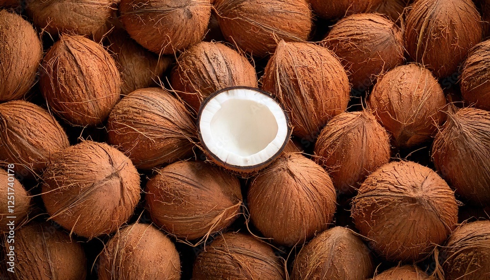Coconut display with one cut open showcasing the white flesh inside