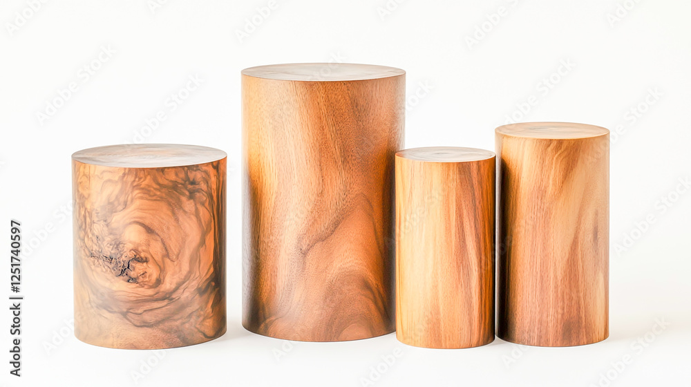 Set of four wooden pedestal cylinders in different heights, ideal for showcasing products or enhancing decor in any space