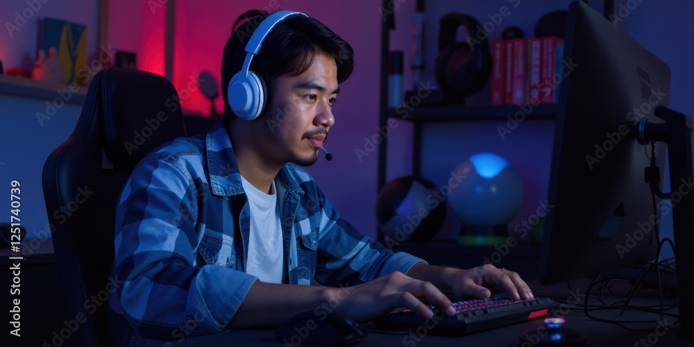 Obraz premium Asian adult man gamer playing on computer, video gaming concept.