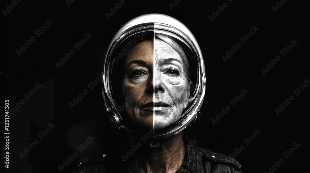 A captivating portrait blending an astronaut's youthful visage with an aged appearance, exploring themes of time and the human experience in space exploration elegantly. A captivating portrait blending an astronaut's youthful visage with an aged appearance, exploring themes of time and the human experience in space exploration elegantly.