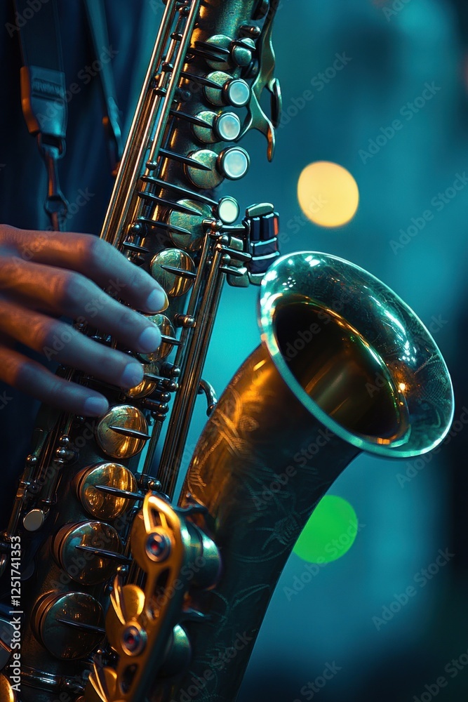 Fototapeta premium Saxophone Performance by Jazz Musician with Dramatic Green Lighting