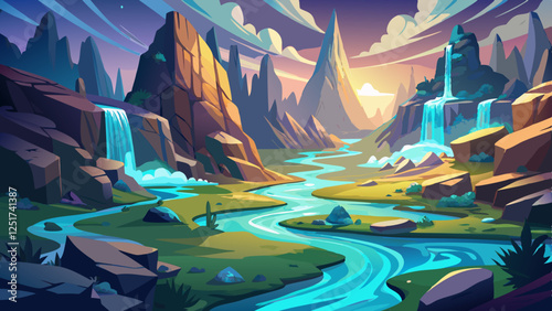 A fantasy valley where the rivers flow with liquid light and the rocks emit a gentle hum