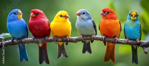 Adorable row of pastel-colored birds perched on a branch, showcasing a soft and delicate palette against a blurred natural background, perfect for spring or whimsical designs