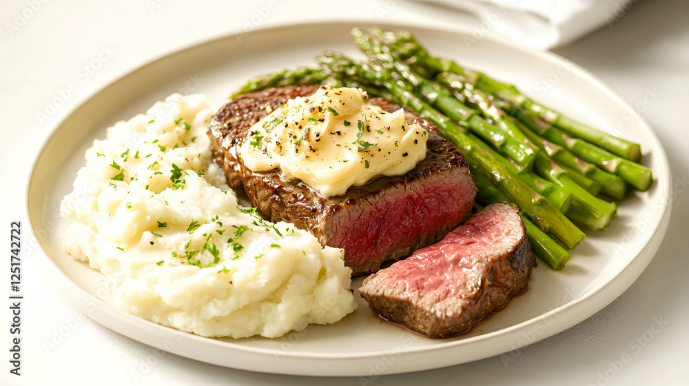 Juicy Steak with Mashed Potatoes and Asparagus on Elegant Plate Juicy Steak with Mashed Potatoes and Asparagus on Elegant Plate