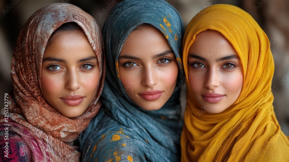 Three women, hijab, portrait, beach, rock background, fashion Three women, hijab, portrait, beach, rock background, fashion