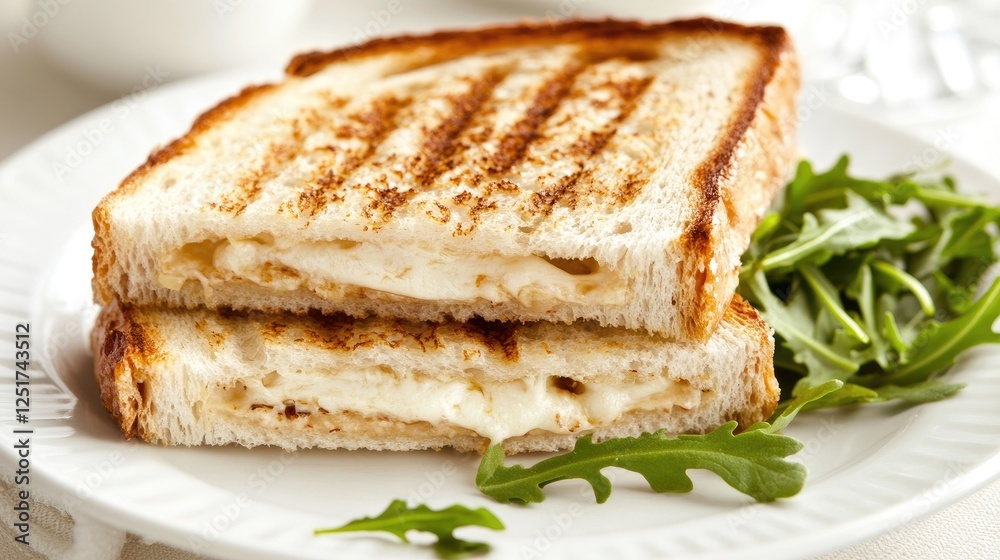 A close-up of a perfectly toasted sandwich with crispy bread and a gooey cheese filling, sliced diagonally and placed on a white plate with a side of fresh greens. A close-up of a perfectly toasted sandwich with crispy bread and a gooey cheese filling, sliced diagonally and placed on a white plate with a side of fresh greens.