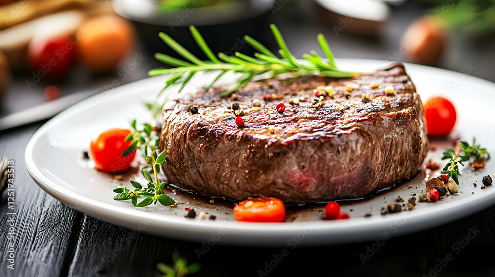 Grilled Steak with Fresh Herbs and Cherry Tomatoes on White Plate Grilled Steak with Fresh Herbs and Cherry Tomatoes on White Plate