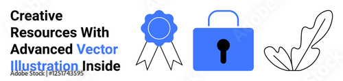 Blue award ribbon, locked padlock, abstract leaf outline highlighting protection, reward, and inspiration. Ideal for security, achievement, creativity, minimalism branding design education flat