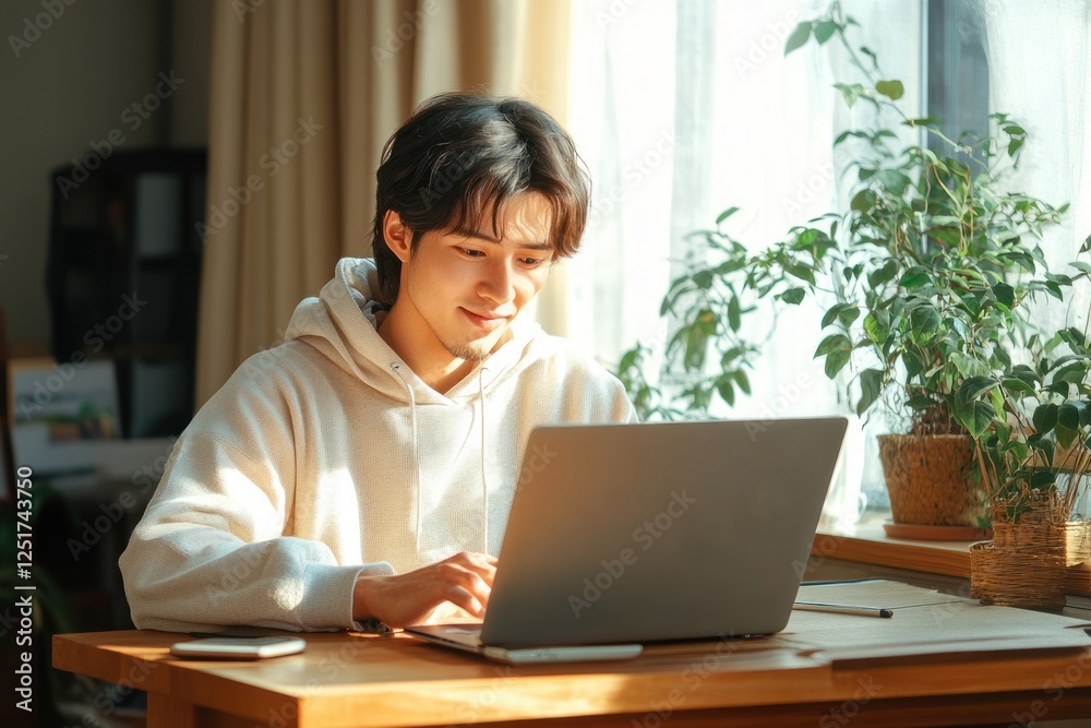 Telecommuting Asian Male Working on Laptop in Minimalistic Indoor Workspace Telecommuting Asian Male Working on Laptop in Minimalistic Indoor Workspace