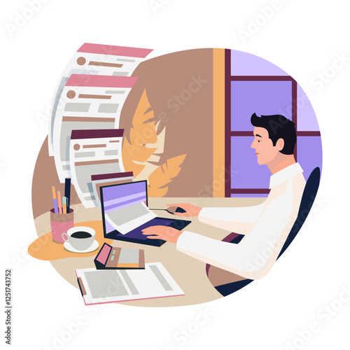 Vector colorful, businessman entrepreneur uploading the annual tax report into the system, office, laptop, documents, securities, workspace. Vector illustration