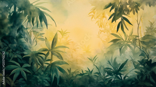 Tropical jungle forest background in watercolor painting style with soft mist and warm light, artistic foliage pattern, serene and dreamy nature scene