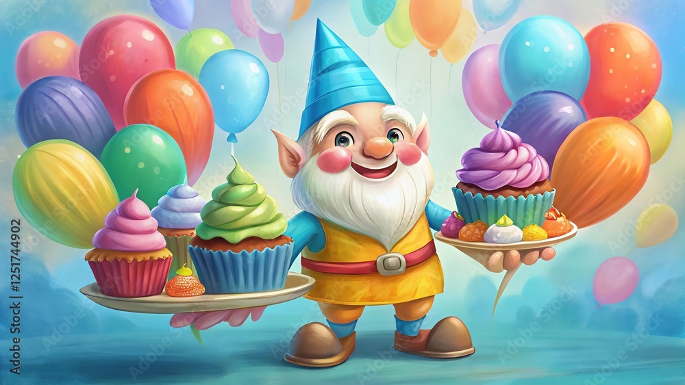 Fototapeta premium cheerful gnome holding a tray with multi-coloured cupcakes surrounded by pastel balloons